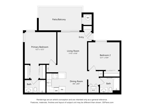Floor plan for 2 beds, 2 baths, 917 sqft